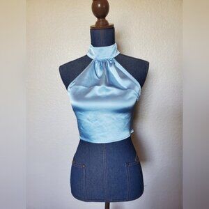 We Wore What Revolve Light Blue Satin Halter Top Crop Top Women's Size Small